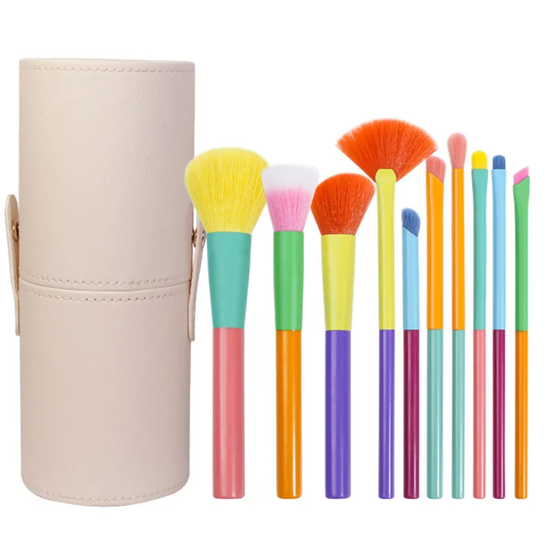 레인보우 10PCS 메이크업 브러쉬 세트, 전문 미용 도구를 위한 다채로운 휴대용 부드러운 강모 화장품 브러쉬