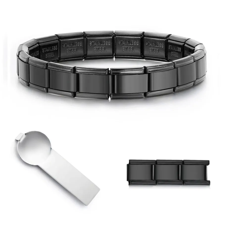 Trendige schwarze Armreifen, 9 mm breit, aus italienischem Edelstahl, mit Charm-Elementen, schlichte Armbänder für Damen und Herren, Handketten, Geschenkidee. – Detail 1