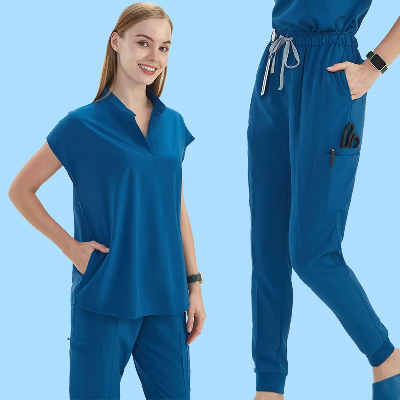 Premium Damen OP-Peeling-Uniform-Set, Tunika-Oberteil, Joggerhose, 10 Taschen, Krankenhaus, Arzt, Zahnarzt, Arbeitskleidung, Krankenpflege-Peelings S180-02