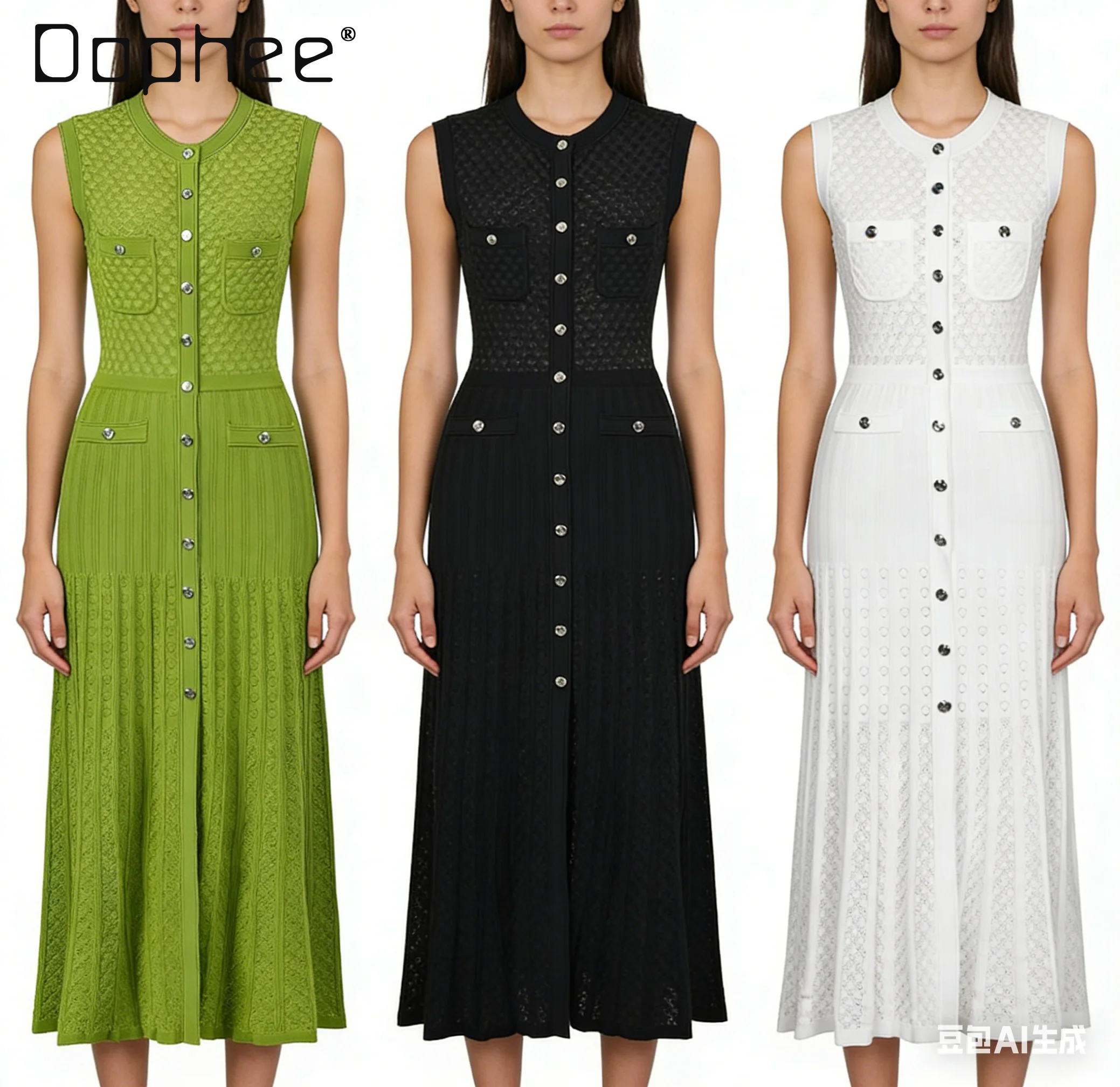 

Elegant Women's Sleeveless Knit Midi Dress Button Down Crochet Hollow Out A-line Long Dress Summer Casual Office Party Dresses