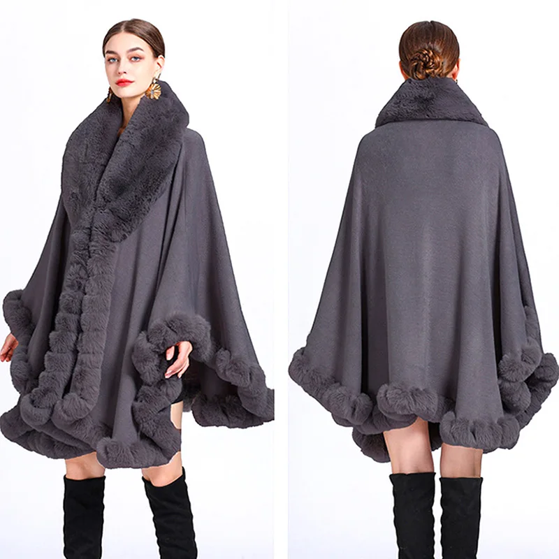 

Autumn And Winter New Imitation Otter Rabbit Fur Collar Shawl Cape For Women'S Fashion Open Front Shawl Loose Long Coat Party