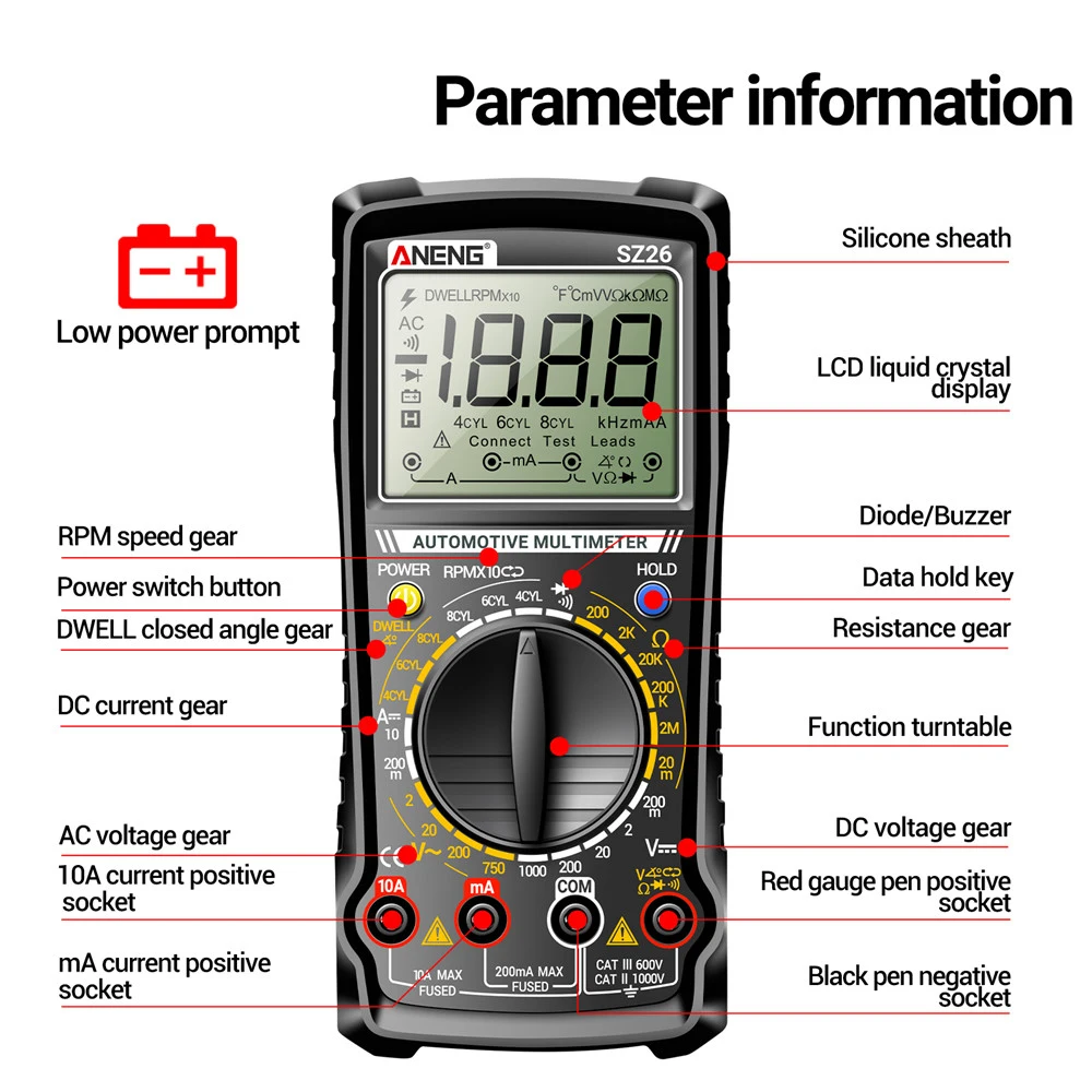 SZ26 Digital Multimeter AC/DC Voltage DC Current 1999 Count High Precision Car Overhaul Multimetro Diode Resistance Tester