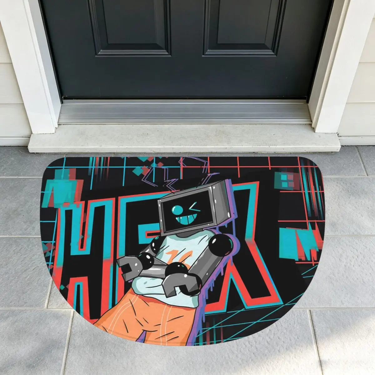 Fnf Hex Neon Artwork Soft Flannel Half Round Doormat Non Slip Bathroom Mat Absorbent Floor Carpet for Garage