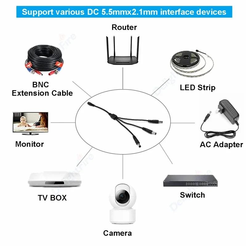 DC Power 1 Female to 2 Male 5.5mm x 2.1mm Barrel Plug Y Splitter Adapter Splitter Cord for Surveillance Camera LED Strip Light