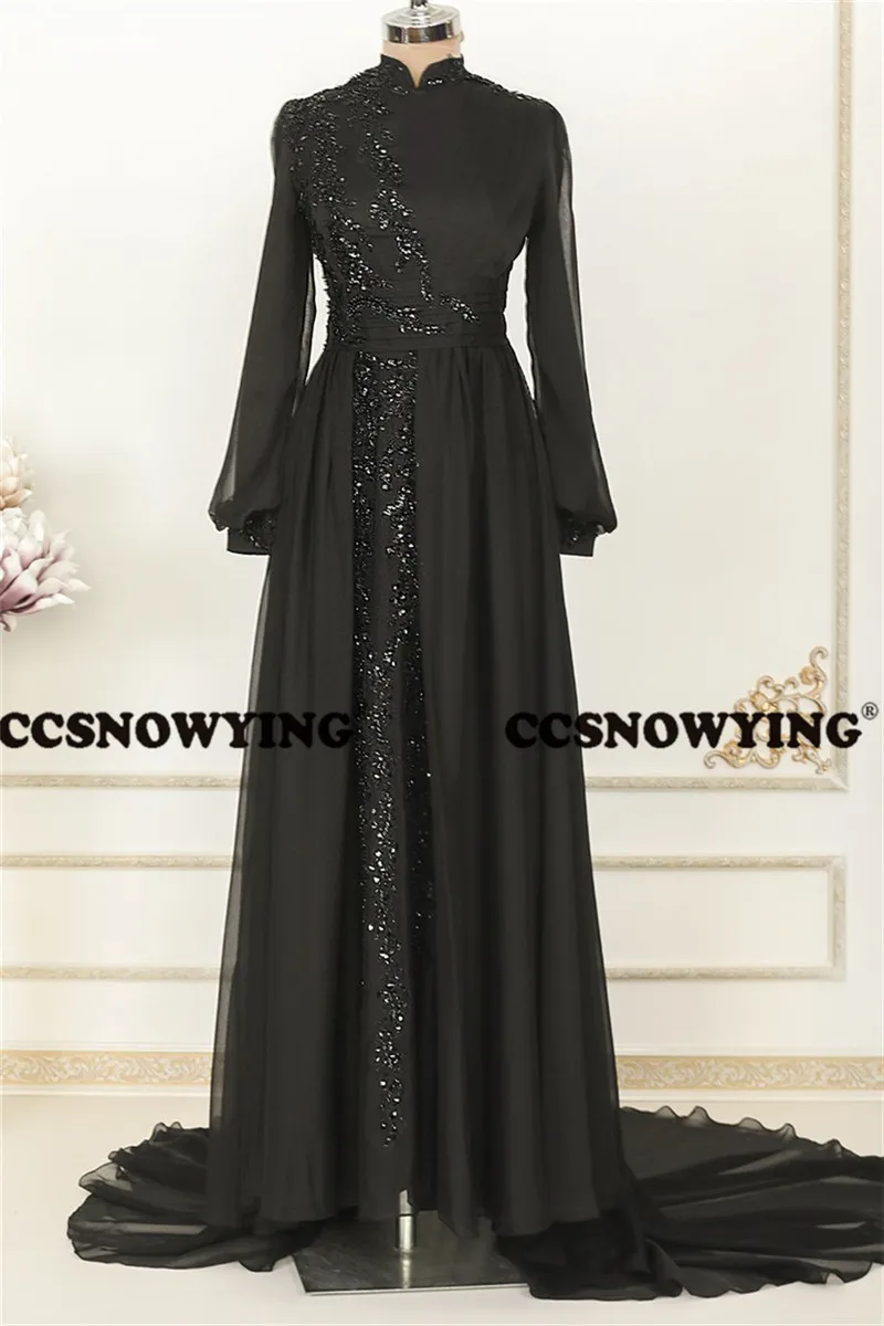 

Black Chiffon Long Sleeve Muslim Evening Dresses Appliques Islamic Formal Party Gown Women Arabic Kaftan Hijab Robes De Soirée