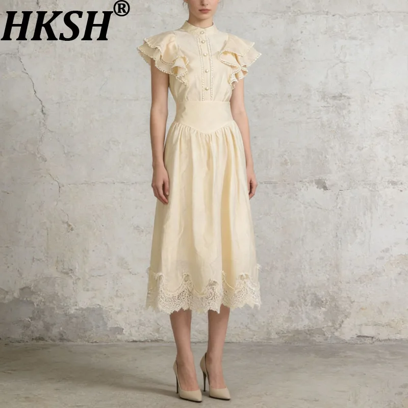 

HKSH Women Sweet Set Stand Collar Single Breasted Flying Sleeves Top A-Line Pleated Patchwork Lace Skirt New Summer 2026 HK19355