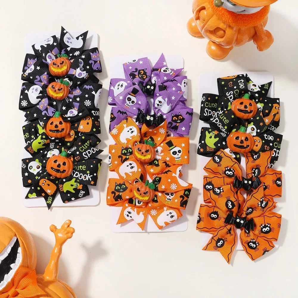 

4Pcs/Set Halloween Pumpkin Hair Clips for Girls Kids Bowknot Hair Accessories Funny Cheerful Ribbon Hairpin Headwear