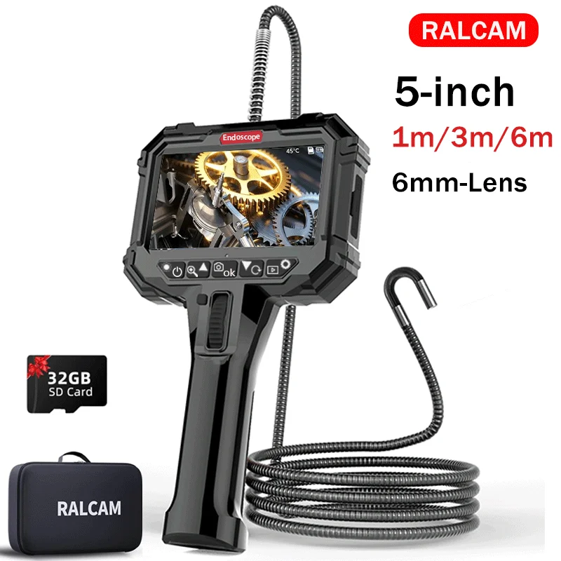 

Ralcam Endoscope Camera with 210° Movable Head, 6.2 mm Probe, 5 Inch HD Screen IP67 Inspection Camera， for Car and Home