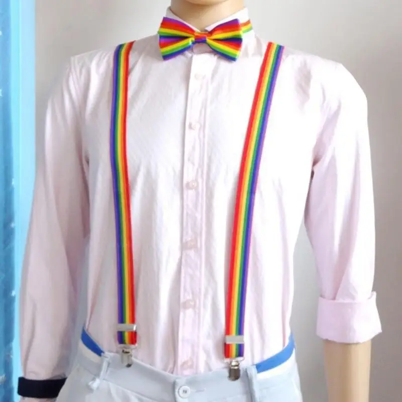 Unisex Clip-on Suspenders Elastic Suspender Seven Color Rainbow Stripe Pattern Elastic Y-back Suspenders