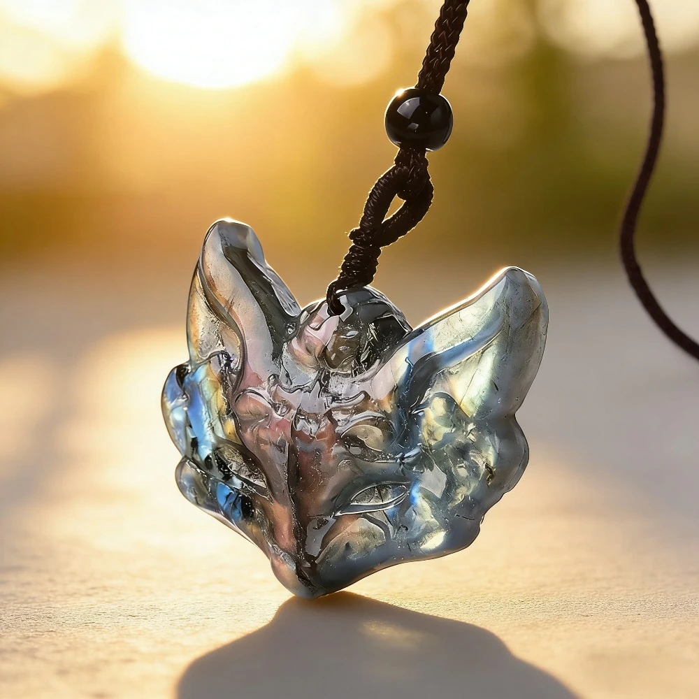 Natural Labradorite Fox Pendant Iridescent Chinese New Year Valentine Jewelry Necklace