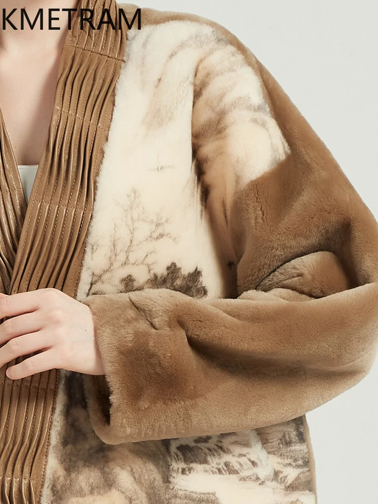 KMETRAM Natural Sheepskin with Wool Atttached Real Fur Coat Printing Woman Clothing Camel Short Jacket 2025 Winter шуба женская