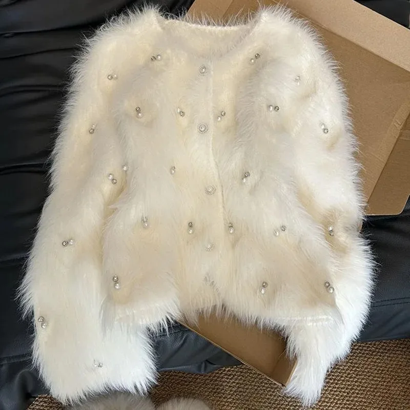 

Fashion Pearl Faux Fur Cardigan Women Elegant Sweet Faux Mink Knitted Sweater Jackets Female Long Sleeve White Knitwear