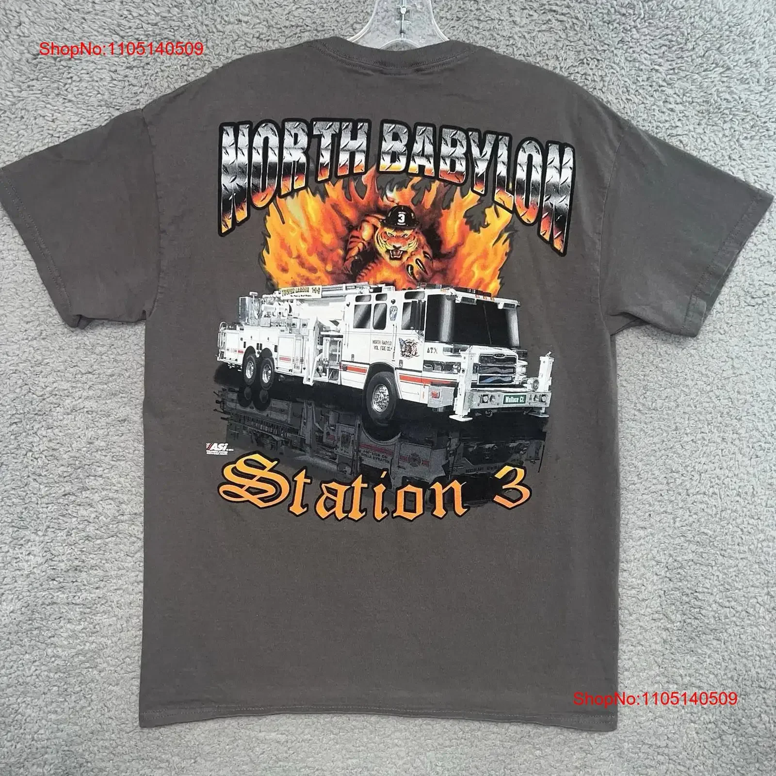 ASi Departamento de Bomberos North Babylon NY camiseta Sz M gris primero en última isla larga vintage lavado Casual homme moda versátil