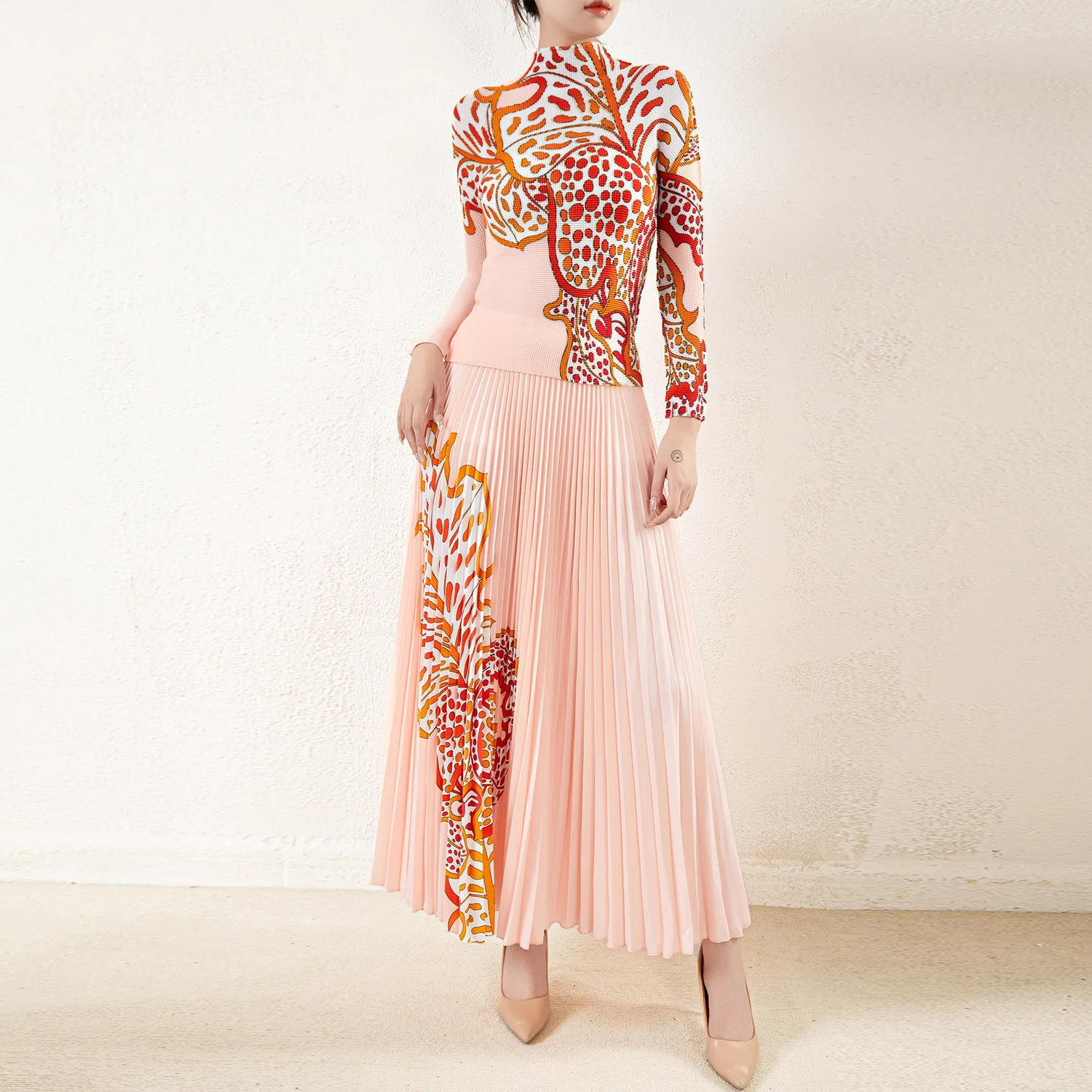 High Quality MiyakePleated Skirt Set Women's Free Size Elastic Stretch Plus Size Top and Pleated Skirt Two-Piece Set