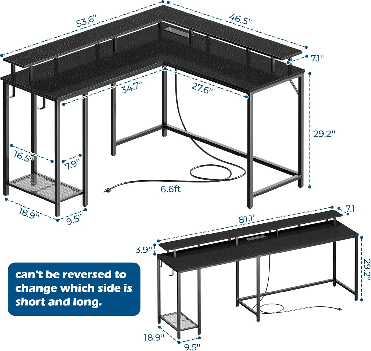 Shaped Gaming Desk with LED Lights & Power Outlets, Computer Desk with Monitor Stand