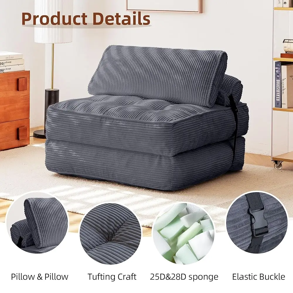 سرير أريكة قابل للطي، كرسي نوم قابل للتحويل مع دعم مسند الظهر وقماش سروال قصير ناعم، سرير أريكة قابل للطي مع وسادة لـ