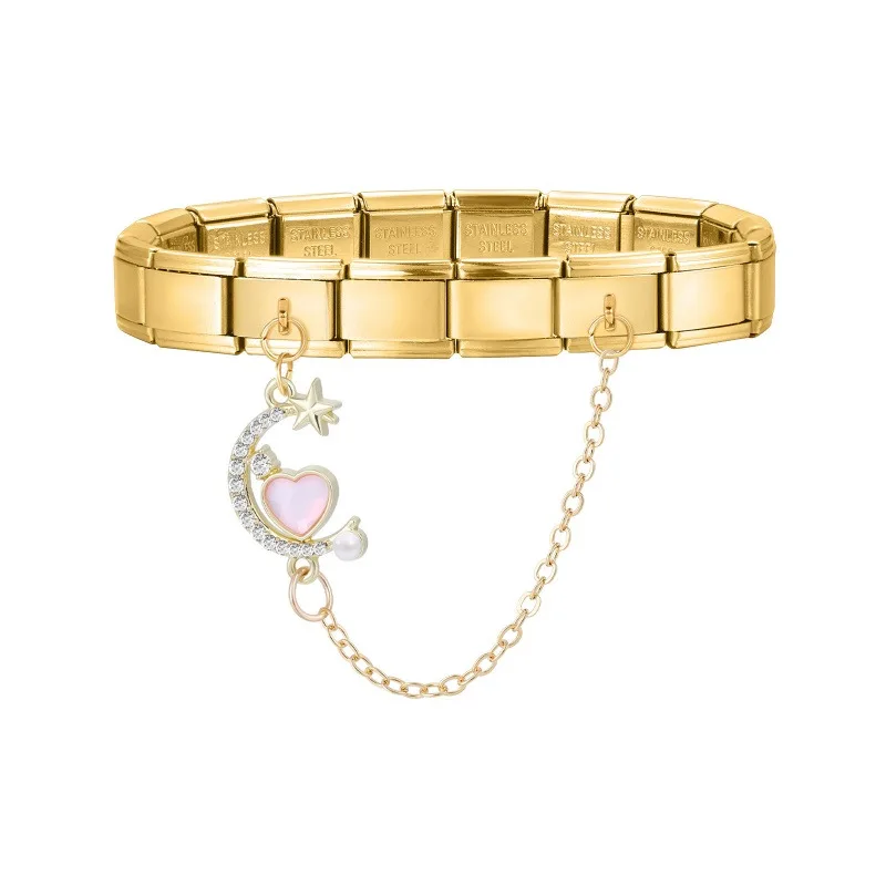 Color dorado, corazón rosa, estrella, cereza, Luna, cadena, borla, abalorio italiano, ajuste de pulsera de acero inoxidable de 9mm, regalos DIY para mujer
