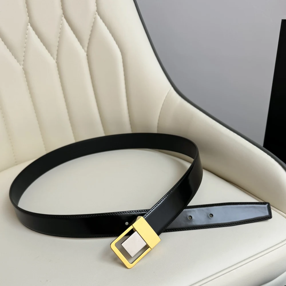 Black Leather Belt With Silver Gold Buckle Waist Belt for Women