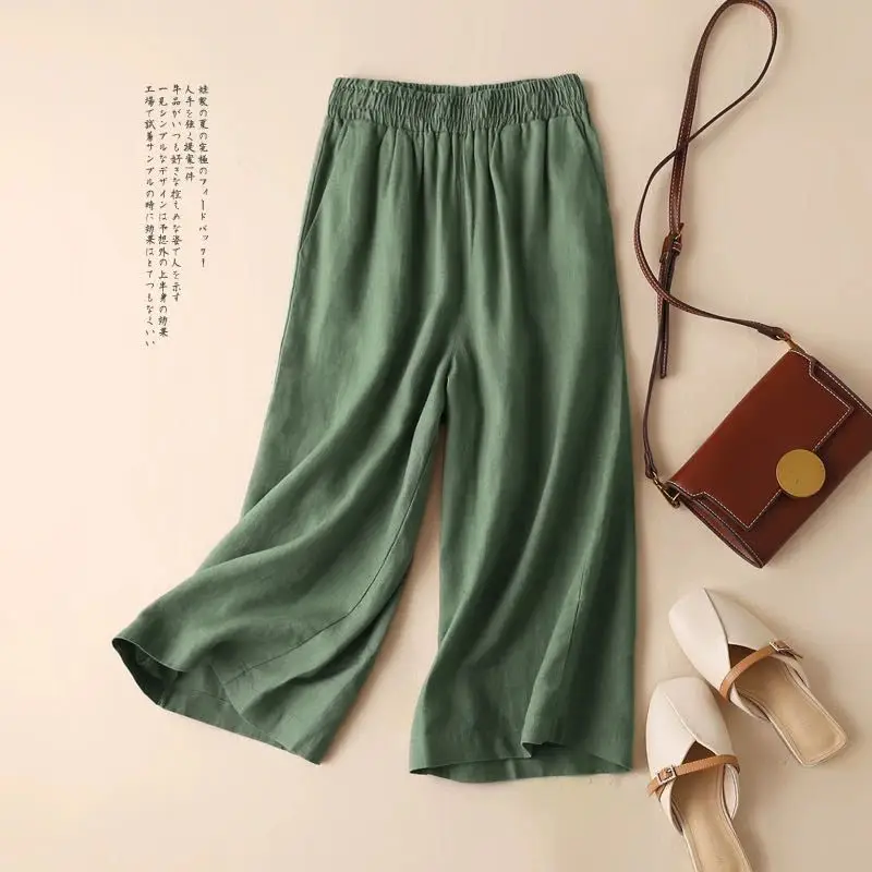 Mode retro katoen en linnen wijde pijpen losse casual effen kleur cropped broek