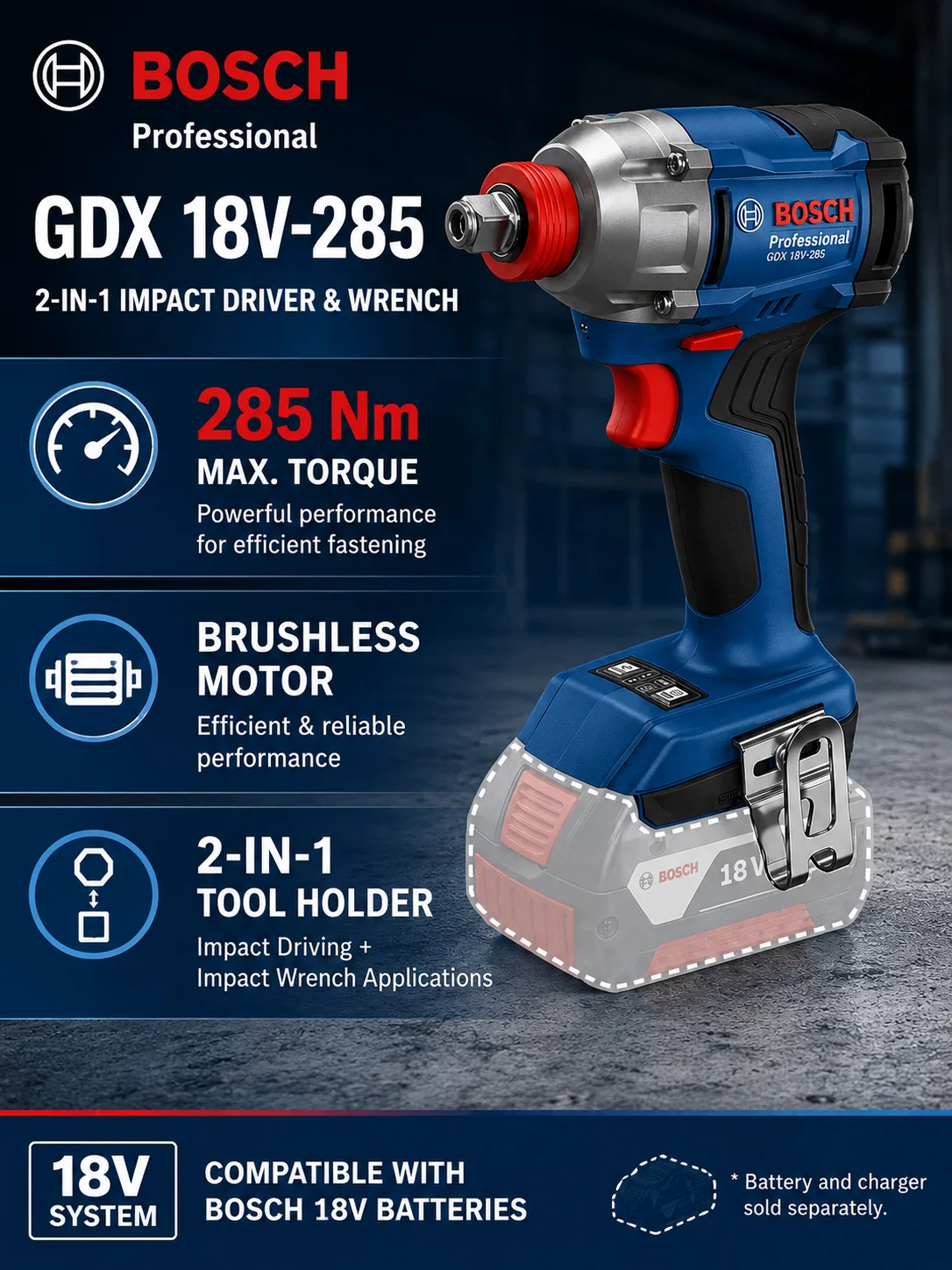BOSCH GDX 18V-285 Cordless Impact Driver Impact Wrench 18V Power Tool 1/4 Hex Drive Professional Tool Brushless DIY Repair