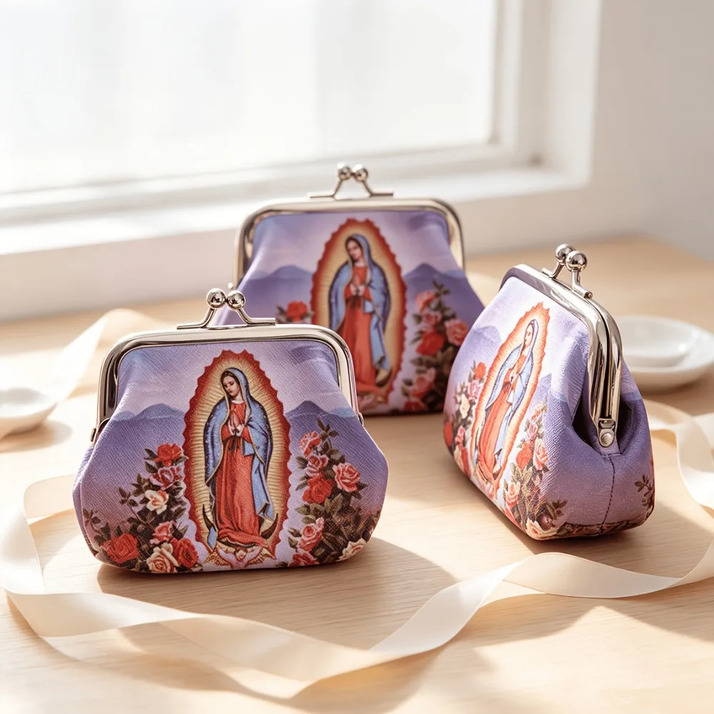 1‑12 Pcs Our Lady of Guadalupe Kiss‑Lock Coin Purse Religious Jewelry Storage Pouch for Earrings Necklaces Bracelets