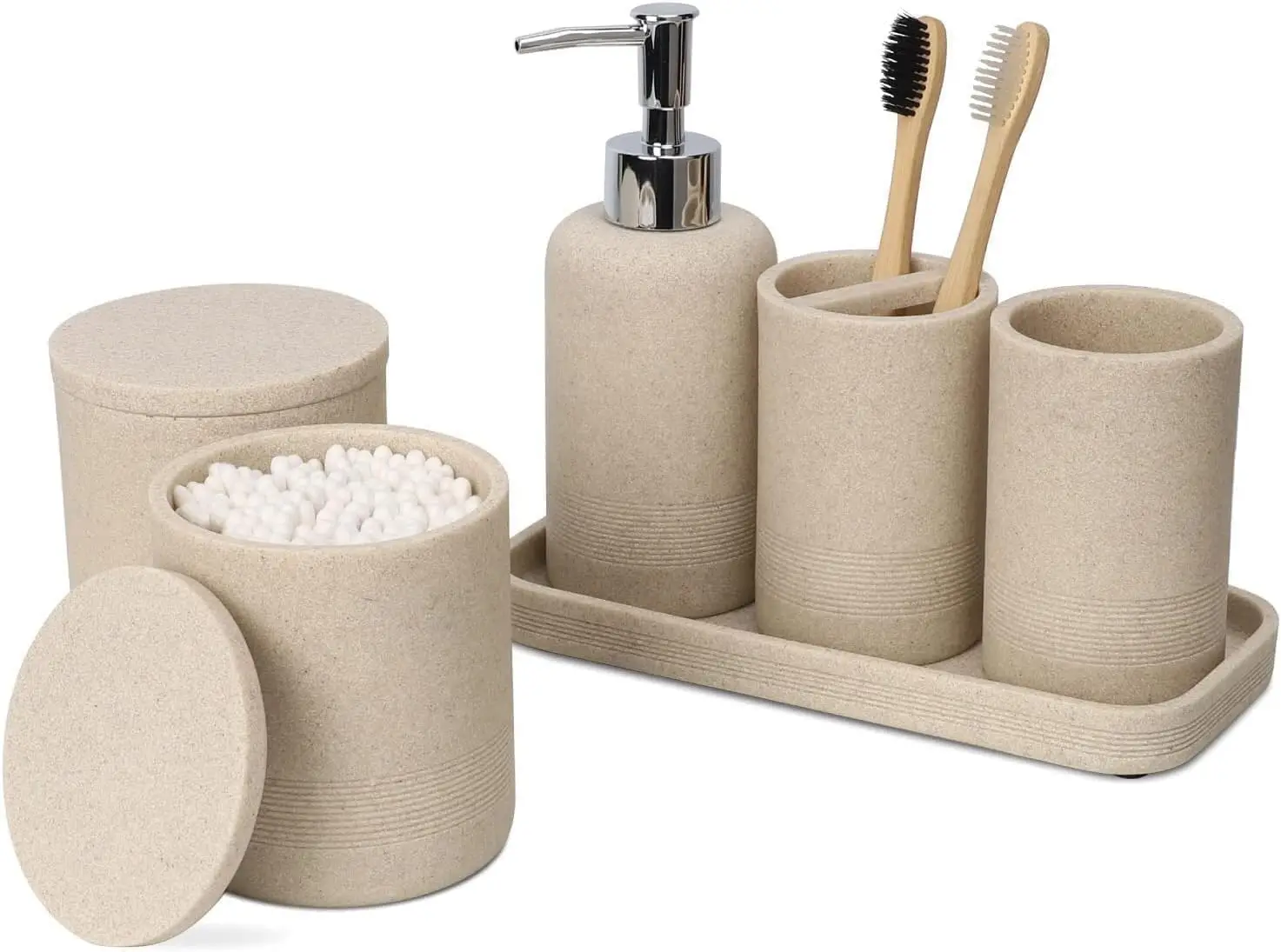 

Beige Bathroom Accessories Set 6 Pieces - Toothbrush Holder, Lotion Dispenser, Qtip Container, Vanity Tray, Tumbler - Count