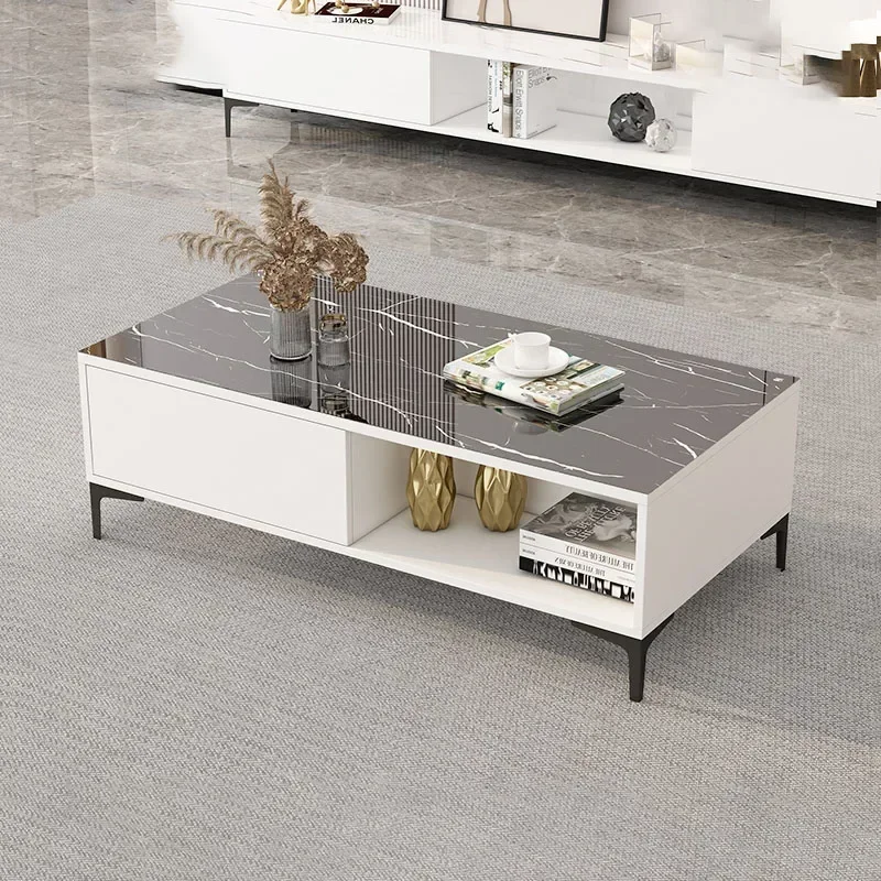 Modern Luxury Coffee Table Beautiful Marble Effect Minimalist Storage Side Table Simple Aesthetic Table Basse De Salon Furniture