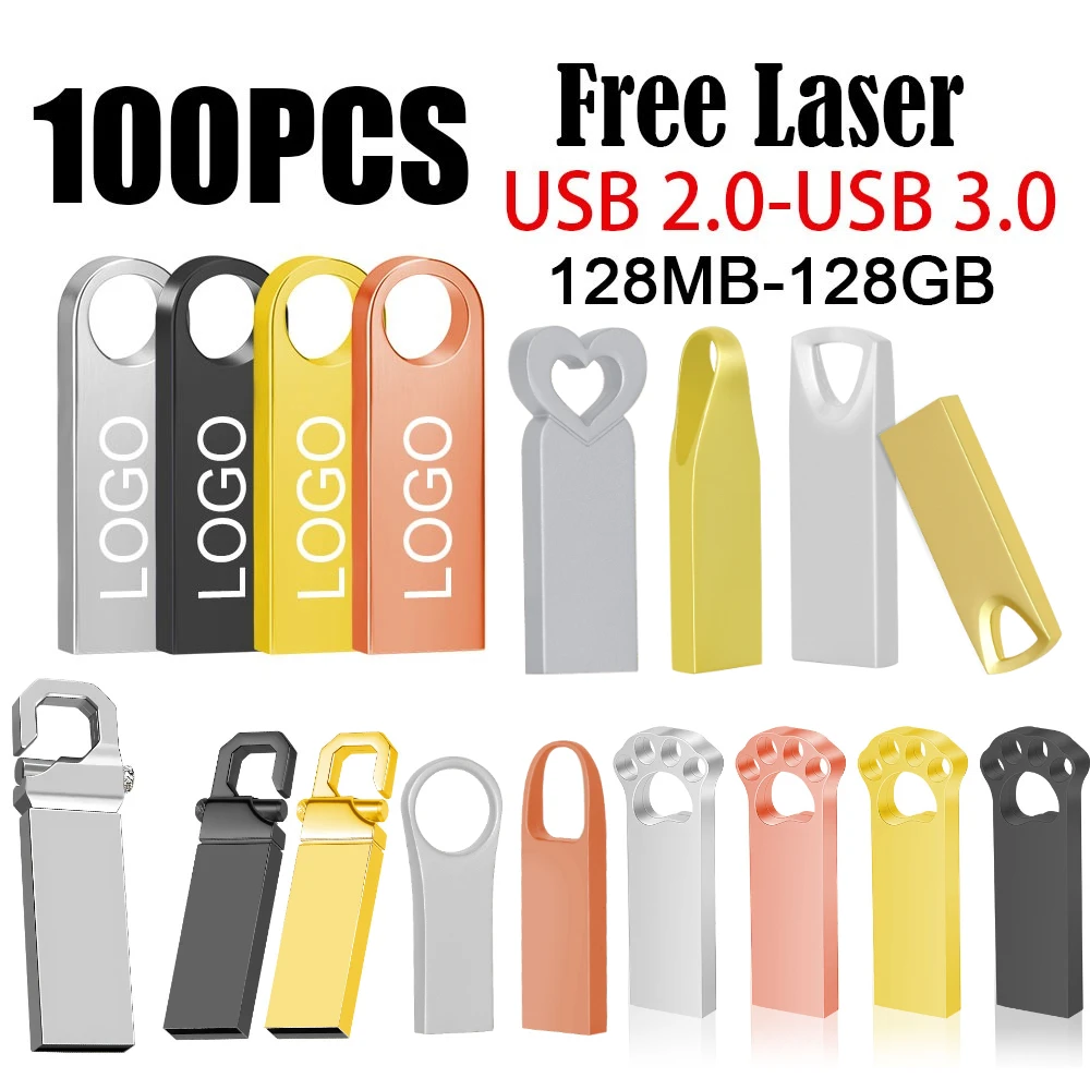 100PCS/lot Metal Pen Drive 32GB 16GB USB Flash Drive 8GB 4GB U Disk Stick 2GB 1GB 128MB 256MB Memory Pendrive Free custom Logo
