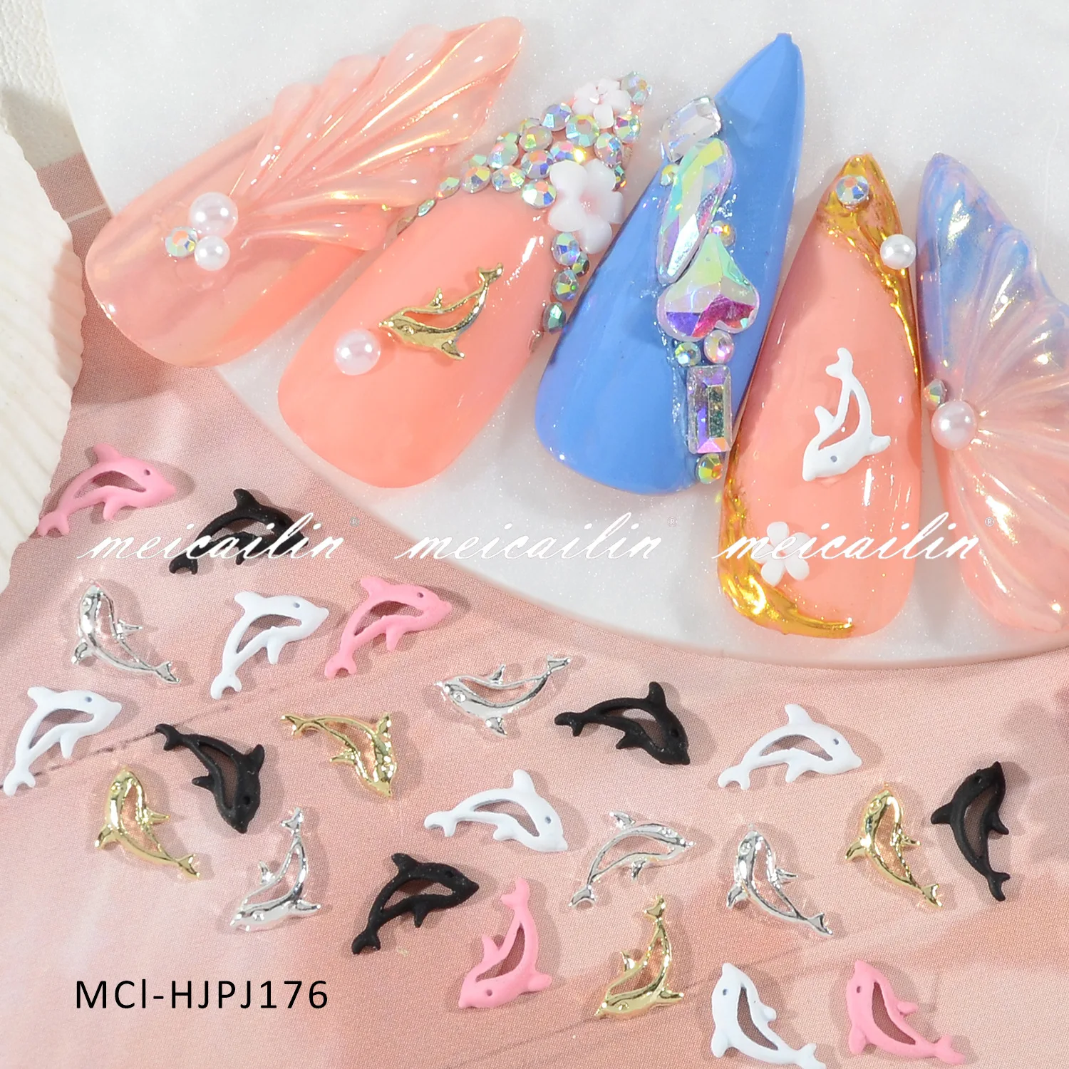 Marine Life Alloy 3D Dolphin Nail Art Decorations for Nail Art Design Colorful Mixed Nail Art Accessories for DIY