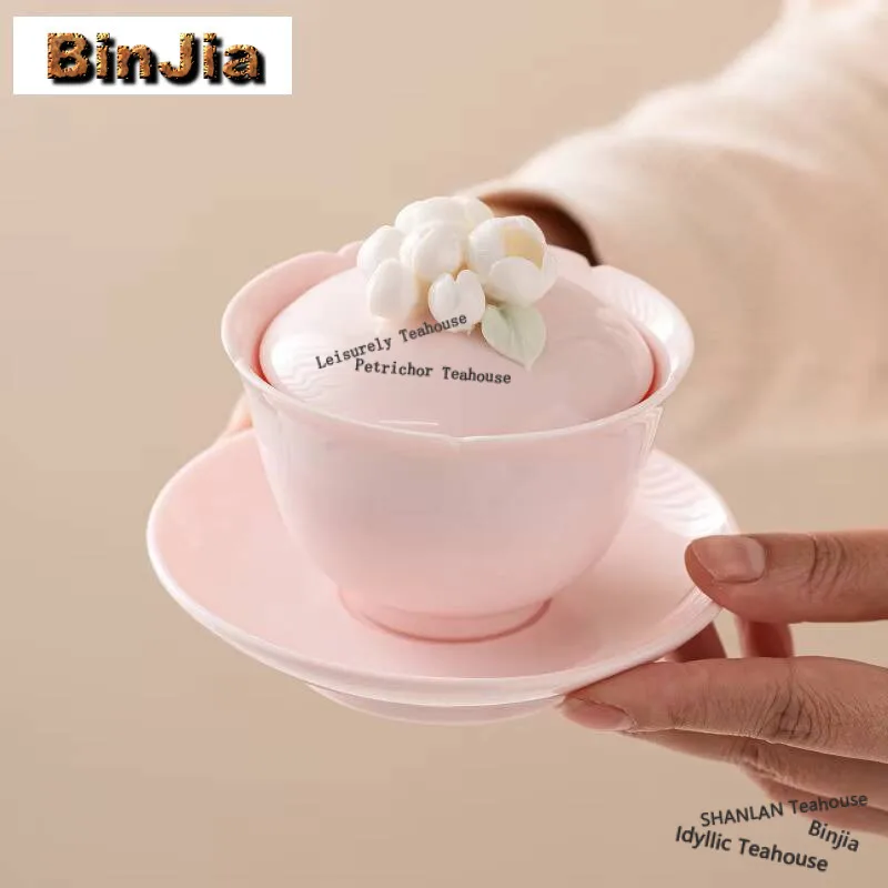

High End Peach Powder Gaiwan Handmade Pinch Flower Zen Tea Tureen Household Tea Brewing Cover Bowl Teaware Supplies Ornaments