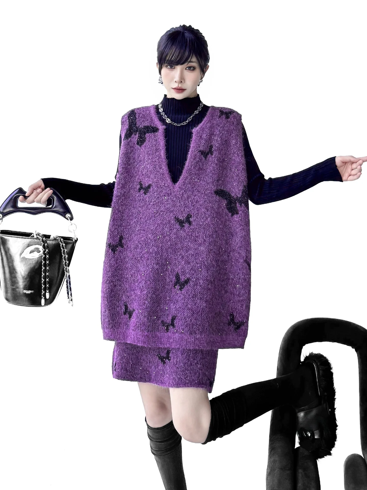 

Fashionable Pattern Knitted Set Women's V-Neck Sweater Vest Elastic Waist Skirt Autumn Warm Elegant Style