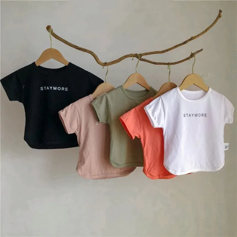 2024 Summer 5 Color T-shirt Boys Thin Breathable Short Sleeves Tops Letter Tees for Girls Clothes Children New Cotton Tshirt