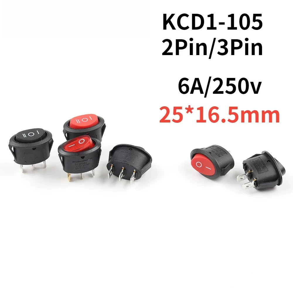 5pc Round small rocker switch KCD1 25*16.5mm mini round black white red 2pin 3pin switch Power Button Switch With Light 6A/250v