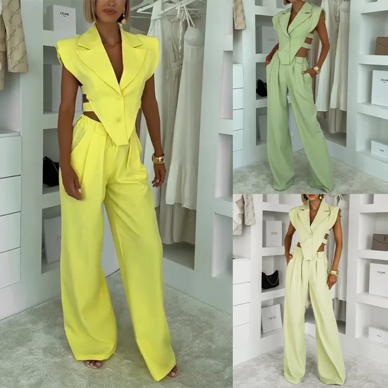 

Элегантный женский свободный спортивный костюм Y2K, ажурный жилет без рукавов, блейзер, широкие брюки, комплект из двух предметов, комплект брюк, наряды знаменитостей