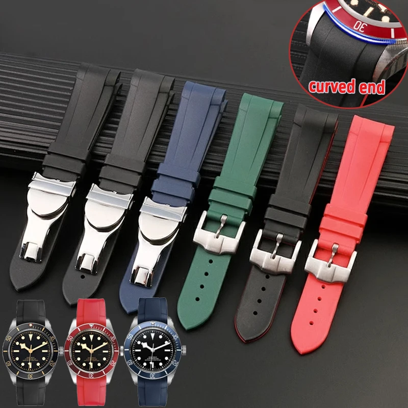 Curved end Natural Rubber Watchband men 22mm for Tudor Black Bay 1958 41mm GMT Pelagos Pin Folding buckle Silicone Watch Strap