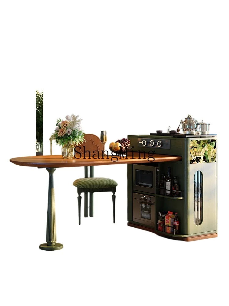 

TF island dining table integrated retro style home dining table solid wood medium ancient style retractable, ash wood