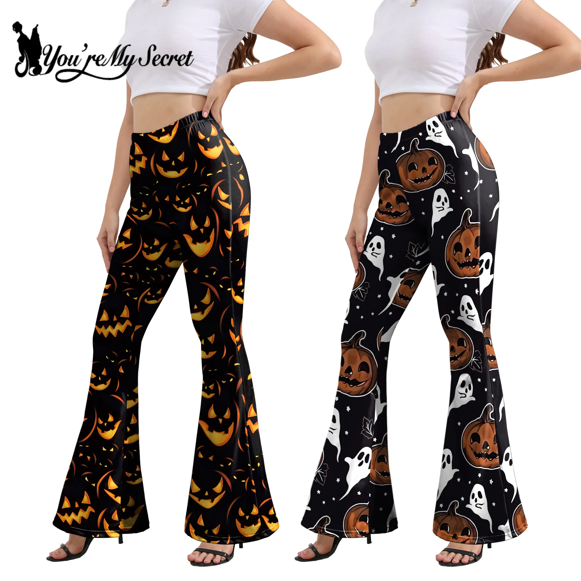 [You\'re My Secret]Women Bell Bottoms Pants High Waist Elasyicity Halloween Carnival Flared Pants Retro Trousers for Theme Party