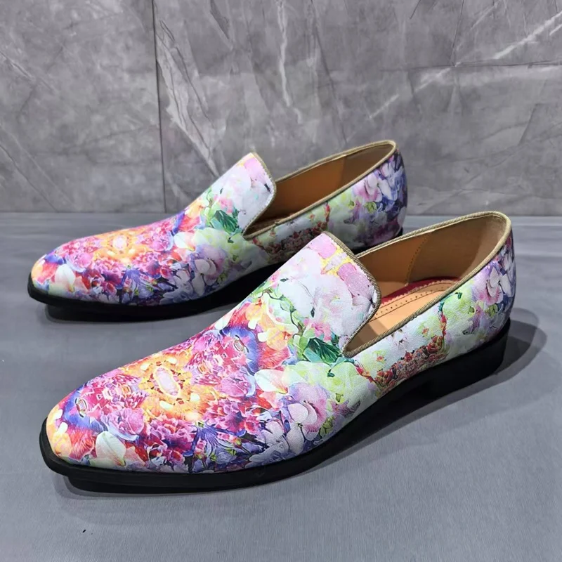 New Multicoloured Printed Leather Men's Loafers Fashion Floral Shoes Men Dress Shoes Handmade Slip On Party And Wedding Shoes