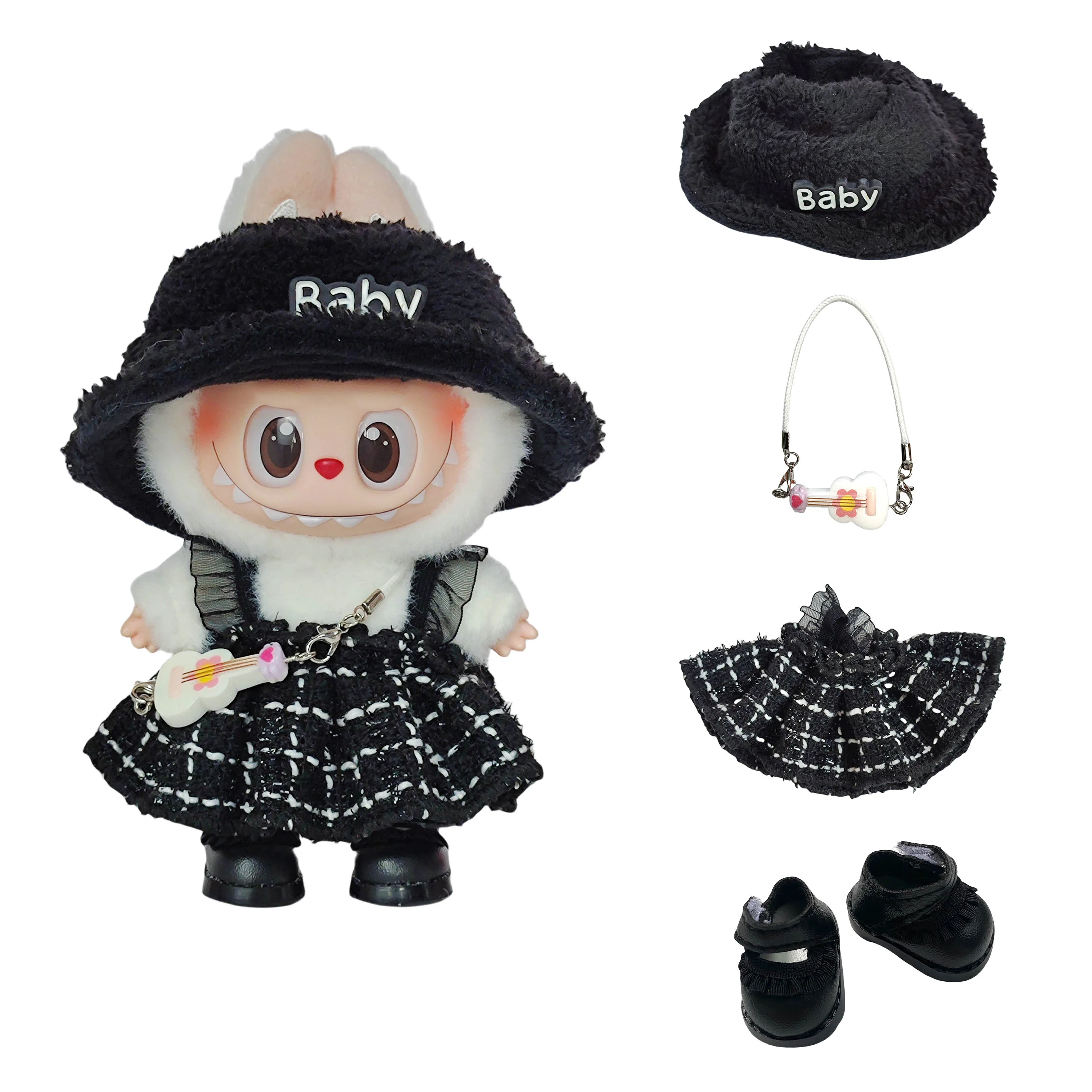 

Mini Doll'S Clothes Outfit Accessories For Korea Kpop Exo 15-17cm Labubu Classic Grid Style Dress Cloak Set Beret Clothing Gift