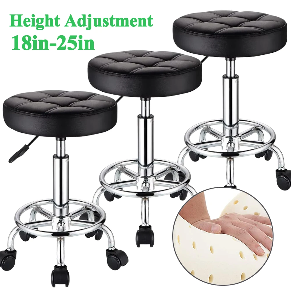 

Rolling Stool with Wheels PU Leather Height Adjustable 18-25in Round Rolling Stool Chair 360° Swivel for Salon Spa Tattoo Work