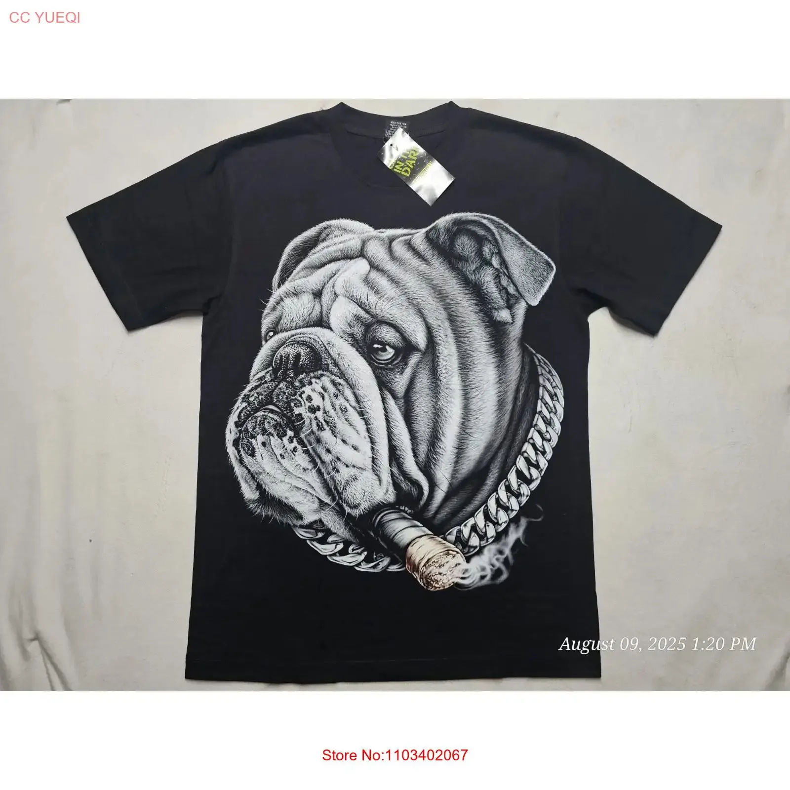Bulldog Smoking With Chain Glow In The Dark Medium T-Shirt mit riesigem Aufdruck auf Vorder- und Rückseite, Vintage-Waschung, stilvolle Unisex-Grafik