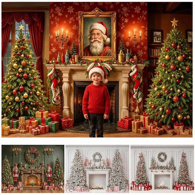 

LS Christmas Fireplace Backdrop Winter Holiday Xmas Tree Gift Wreath Fire Decors For Party Photo Studio Backgrounds