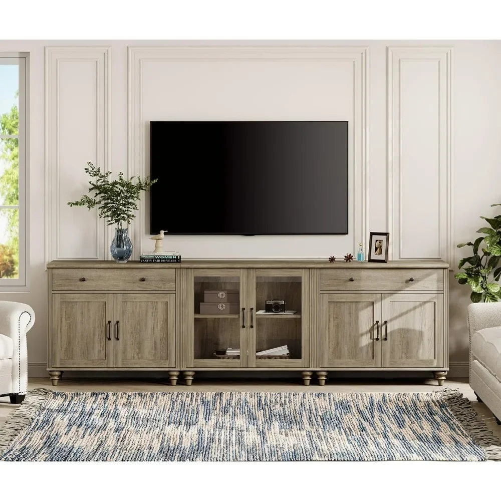 

Farmhouse TV Stand for 100 Inch TV, 3-in-1 TV Console Table for 75/80/85/90 Inch TV, Entertainment Center with Glass