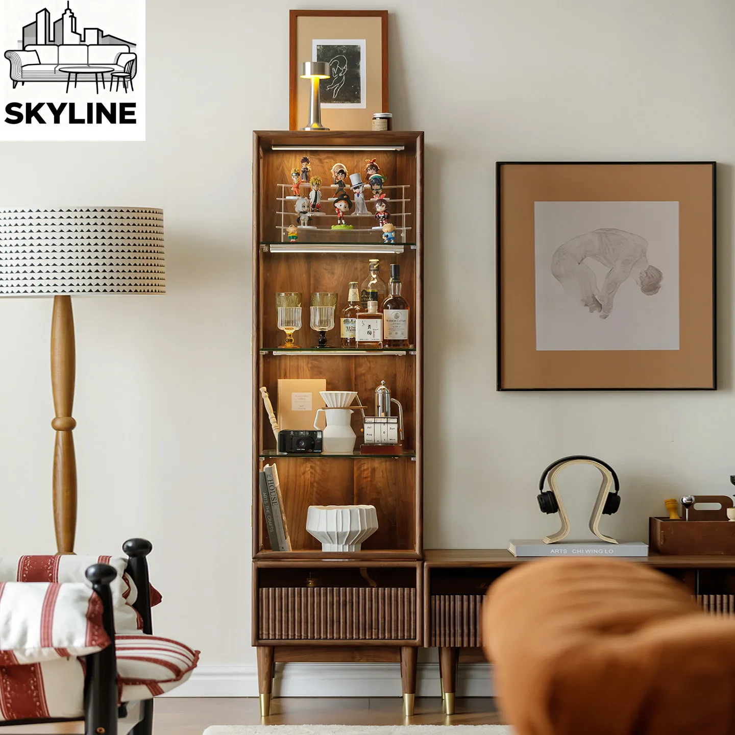 Black walnut glass display cabinet Solid wood tall display cabinet Living room TV cabinet