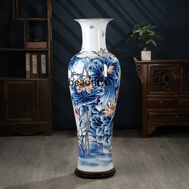 High-end hand-painted gold-painted ceramic floor-to-ceiling large vase Jingdezhen living room hotel villa Chinese-style ornament