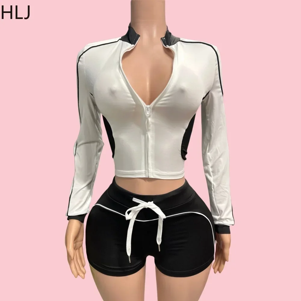 

HLJ&GG Black Casual Patchwork Sporty Shorts Two Piece Sets Women Zip Long Sleeve Crop Top + Shorts Outfits Fashion 2pcs Clothing