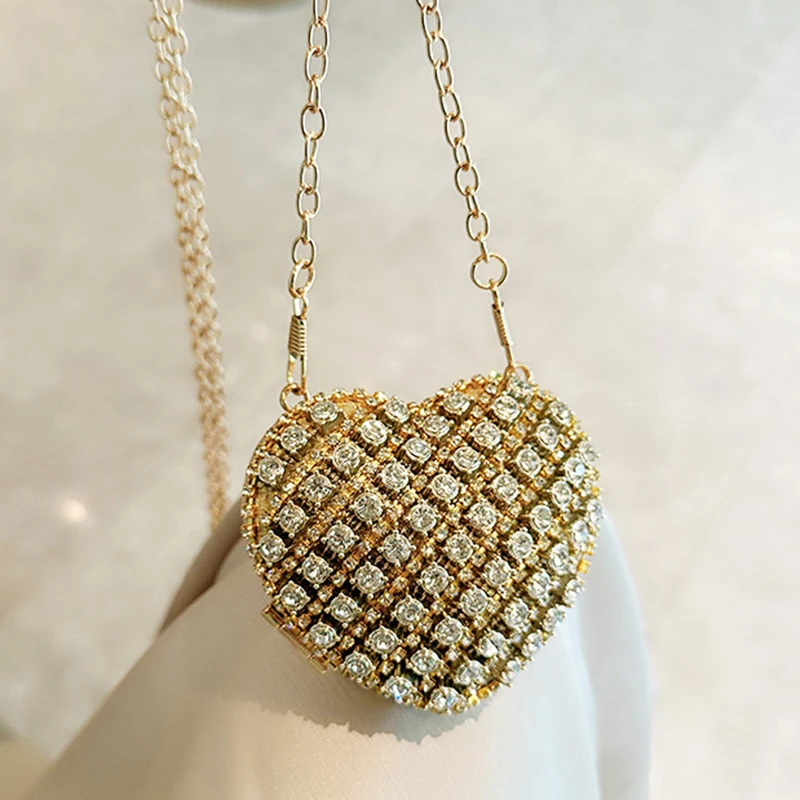 Golden Silvery Mini Diamond Banquet Bags Women's Crossbody Shoulder Bag Chic Party Evening Bag Female Heart Shaped Coin Wallet