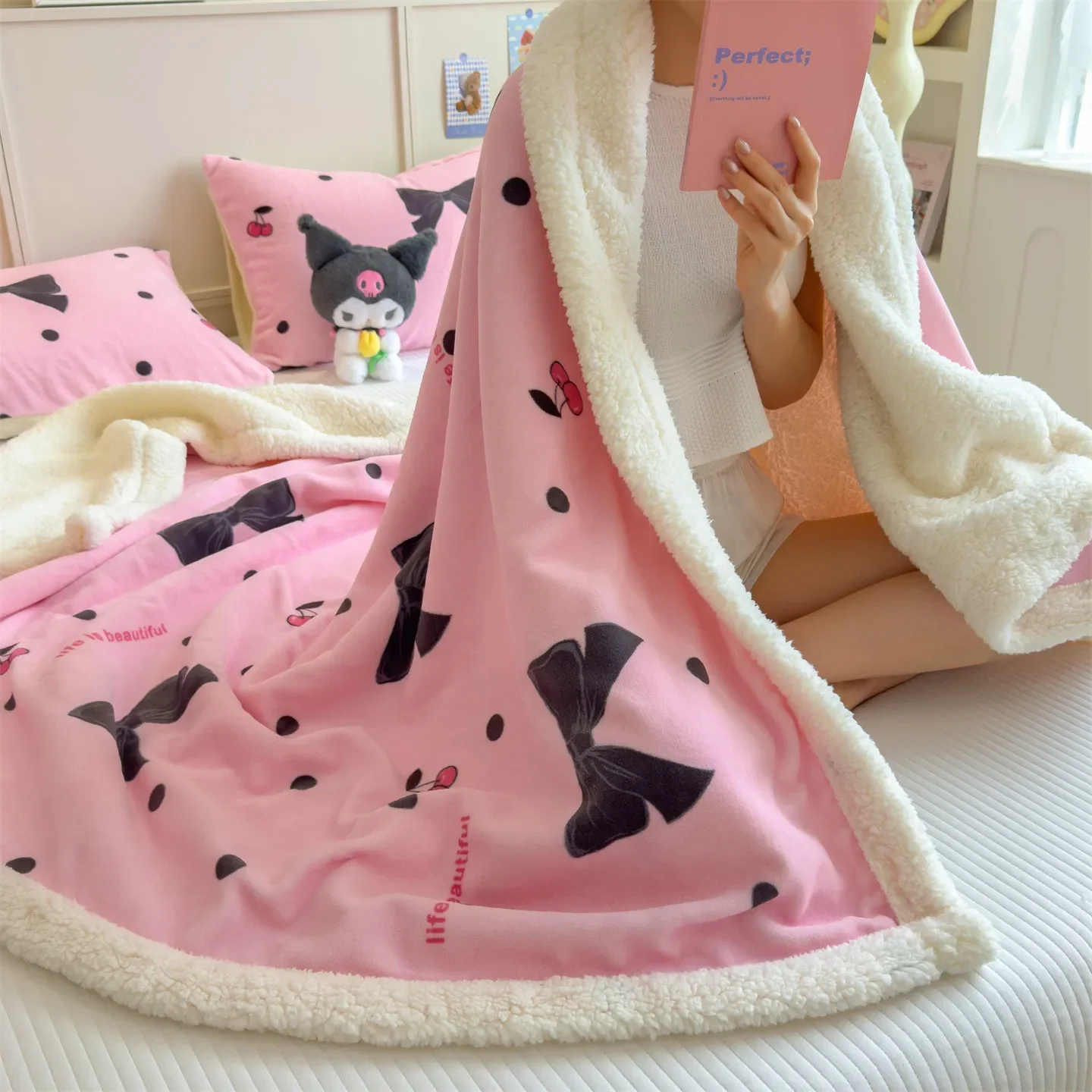 Cartoon Bowknot Printed Coral Fleece Blanket Thickened Artificial Lambswool Autumn Winter Warm Blankets for Bed Sofa Nap Blanket