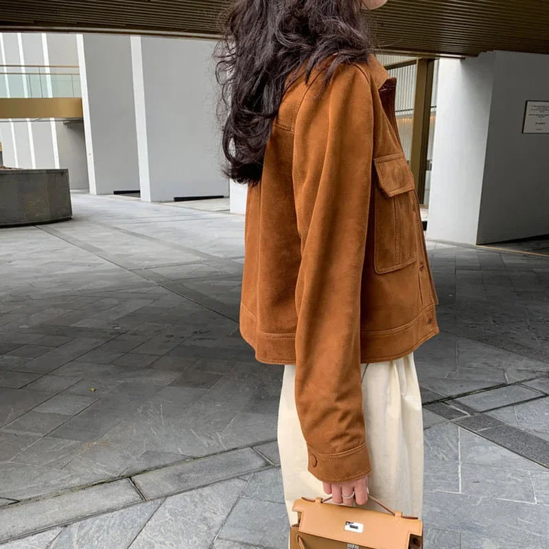 Chaqueta de cuero informal de calidad para mujer, abrigo de piel de ante de Cachemira para primavera 2025, chaqueta versátil adelgazante para mujer, ropa de calle