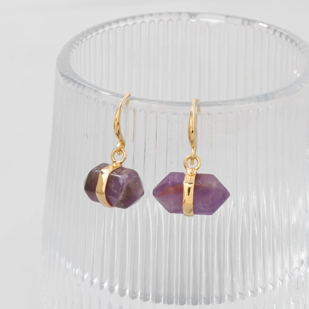 Hexagonal Column Amethyst Hook Earring Water Drop Heart Natural Amethysts Pendent Earring Fashion Classic Jewelry Gift For Women